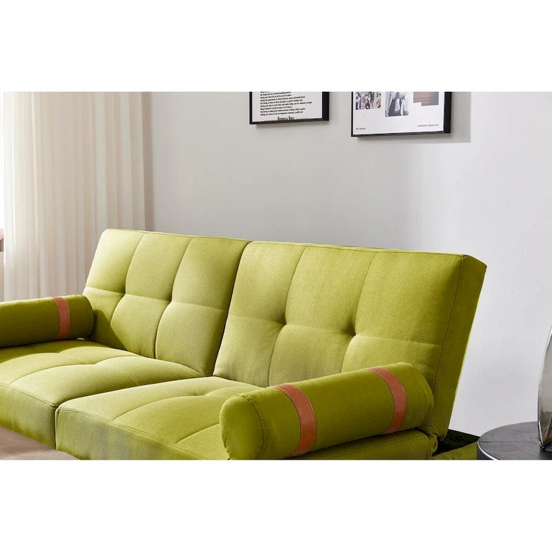 Convertible Sofa Bed Futon with Solid Wood Legs - Mustard Green Linen