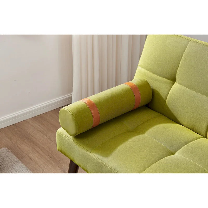 Convertible Sofa Bed Futon with Solid Wood Legs - Mustard Green Linen