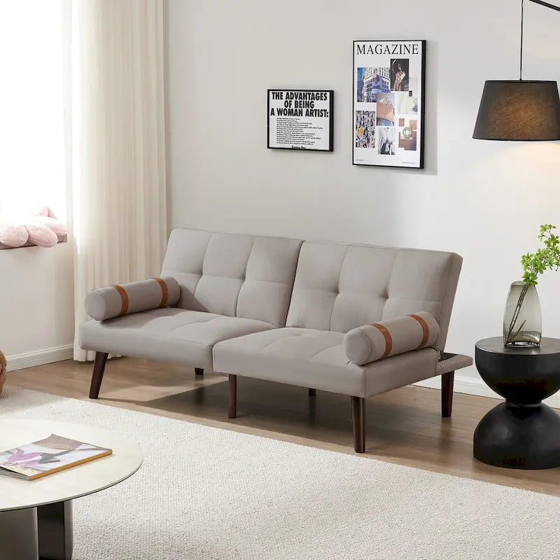 Convertible Sofa Bed Futon with Solid Wood Legs - Mustard Green Linen