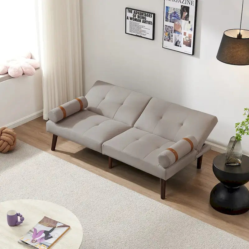 Convertible Sofa Bed Futon with Solid Wood Legs - Mustard Green Linen