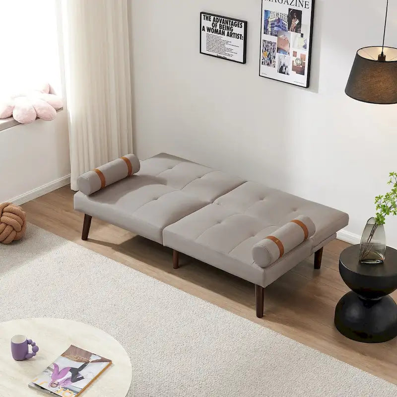 Convertible Sofa Bed Futon with Solid Wood Legs - Mustard Green Linen