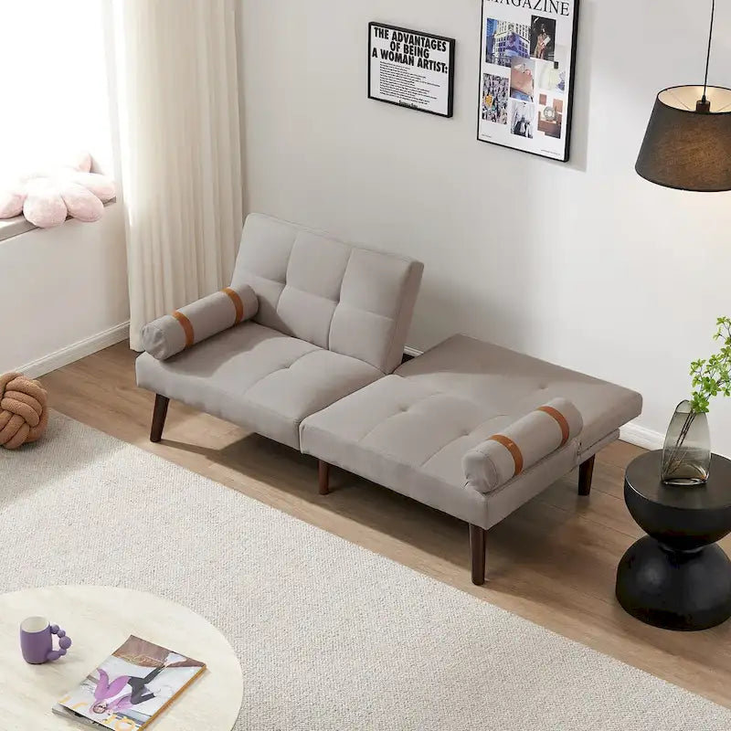 Convertible Sofa Bed Futon with Solid Wood Legs - Mustard Green Linen