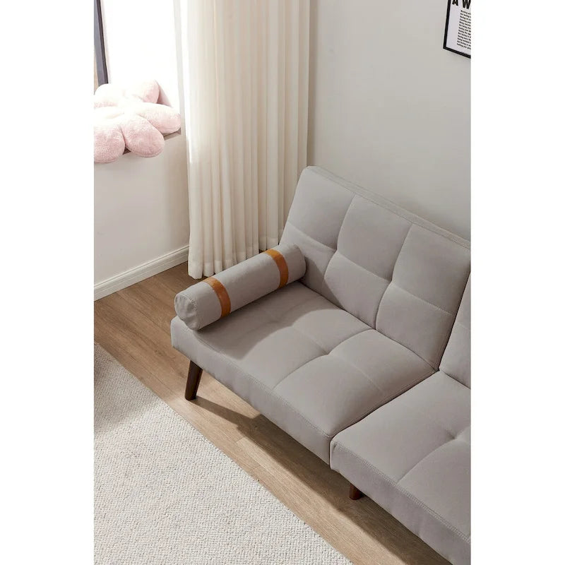 Convertible Sofa Bed Futon with Solid Wood Legs - Mustard Green Linen