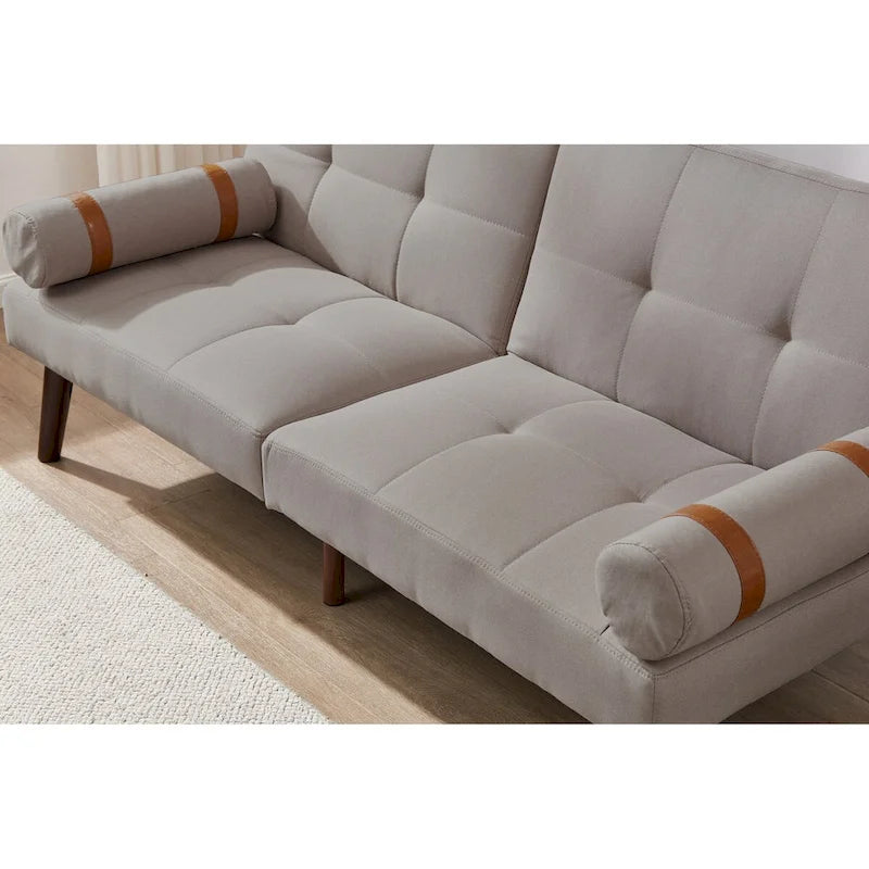 Convertible Sofa Bed Futon with Solid Wood Legs - Mustard Green Linen