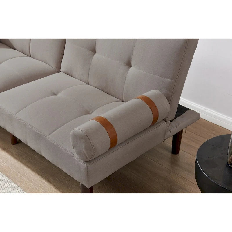 Convertible Sofa Bed Futon with Solid Wood Legs - Mustard Green Linen