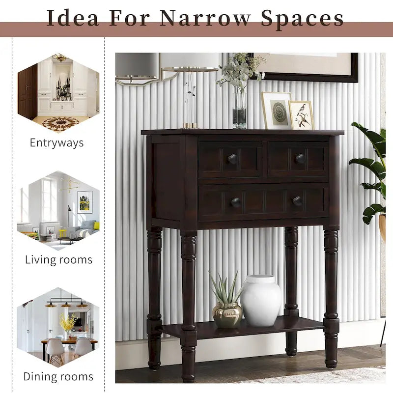 Narrow Console Table Slim Sofa Table with 3 Drawers and Bottom Shelf