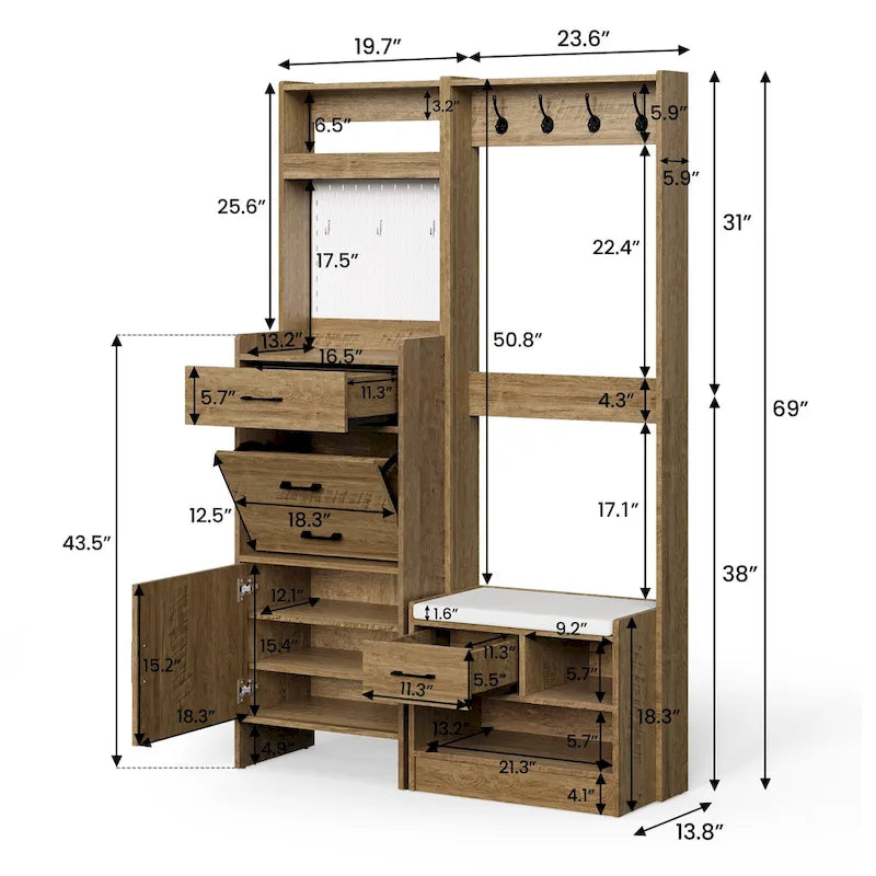 Hall Tree 44.5" Wide with Bench and Shoe Storage