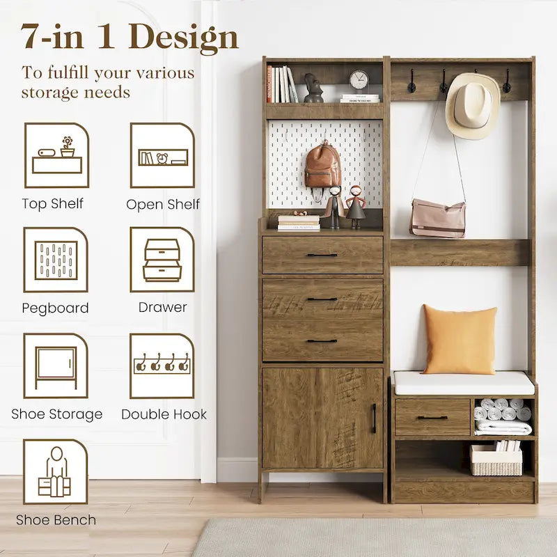 Hall Tree 44.5" Wide with Bench and Shoe Storage