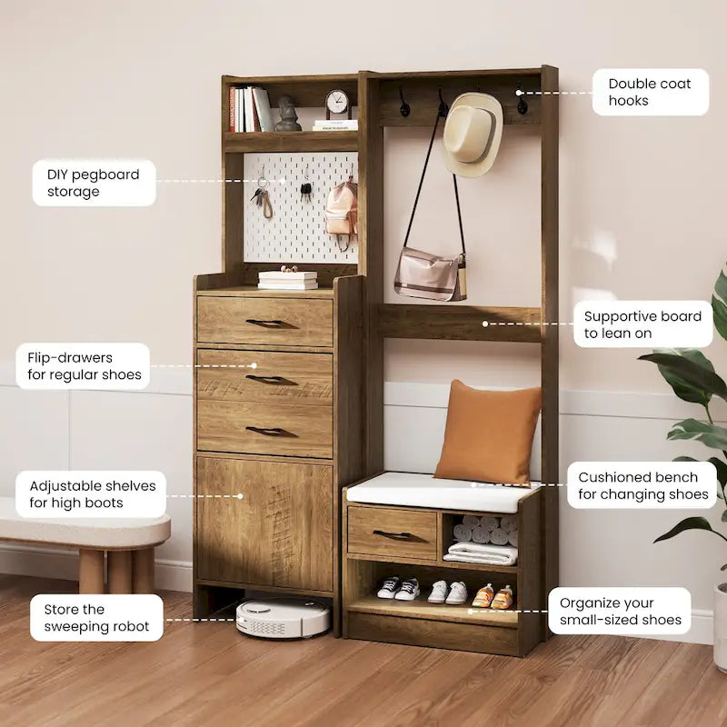 Hall Tree 44.5" Wide with Bench and Shoe Storage