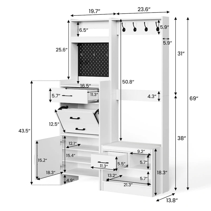 Hall Tree 44.5" Wide with Bench and Shoe Storage