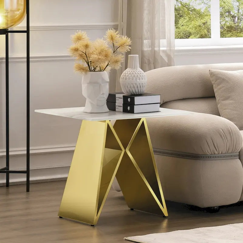 24" Tempered Glass End Table with Mirrored M-Shaped Base