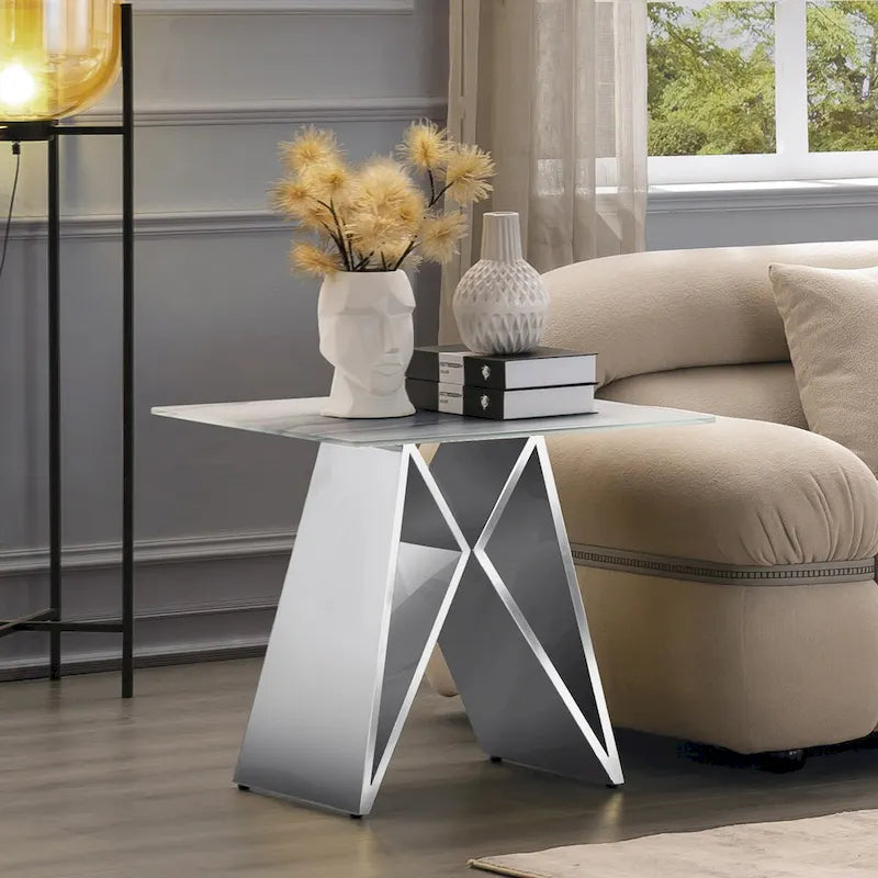 24" Tempered Glass End Table with Mirrored M-Shaped Base