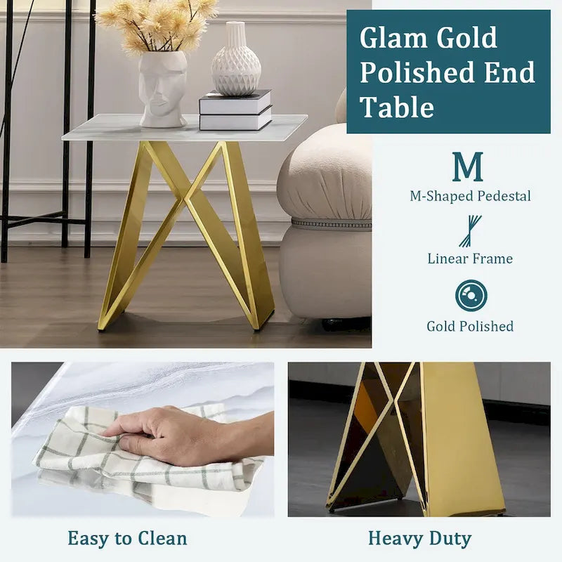 24" Tempered Glass End Table with Mirrored M-Shaped Base