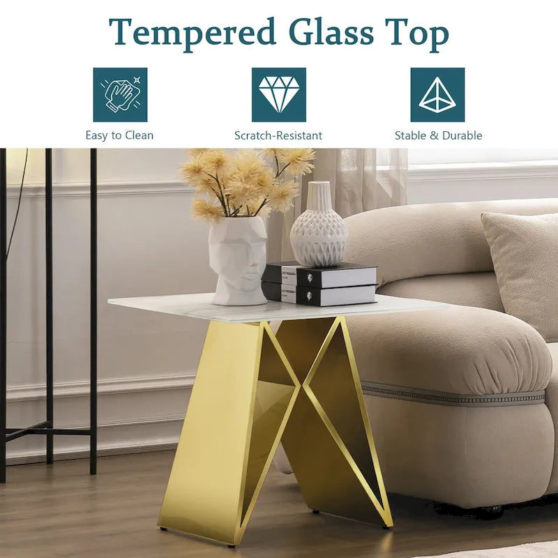 24" Tempered Glass End Table with Mirrored M-Shaped Base