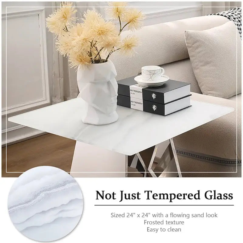 24" Tempered Glass End Table with Mirrored M-Shaped Base