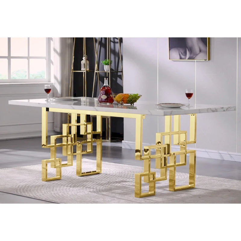 78" Faux Marble Dining Table with Geometric Stainless Steel Base