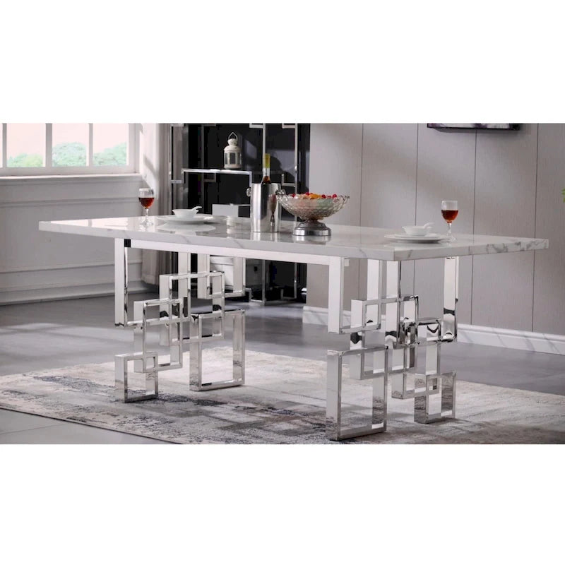 78" Faux Marble Dining Table with Geometric Stainless Steel Base
