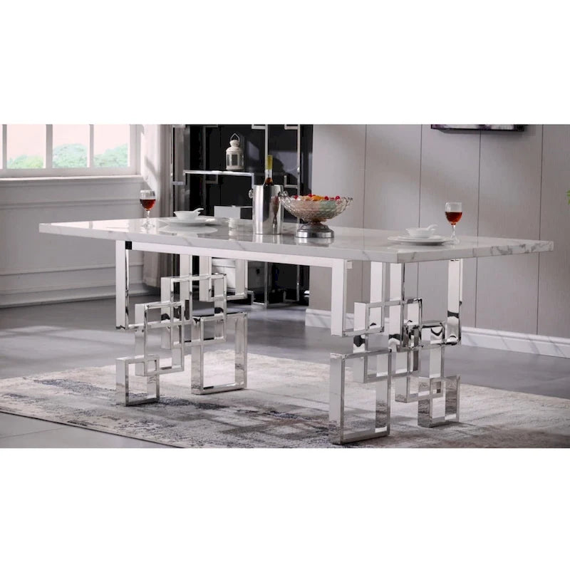 78" Faux Marble Dining Table with Geometric Stainless Steel Base