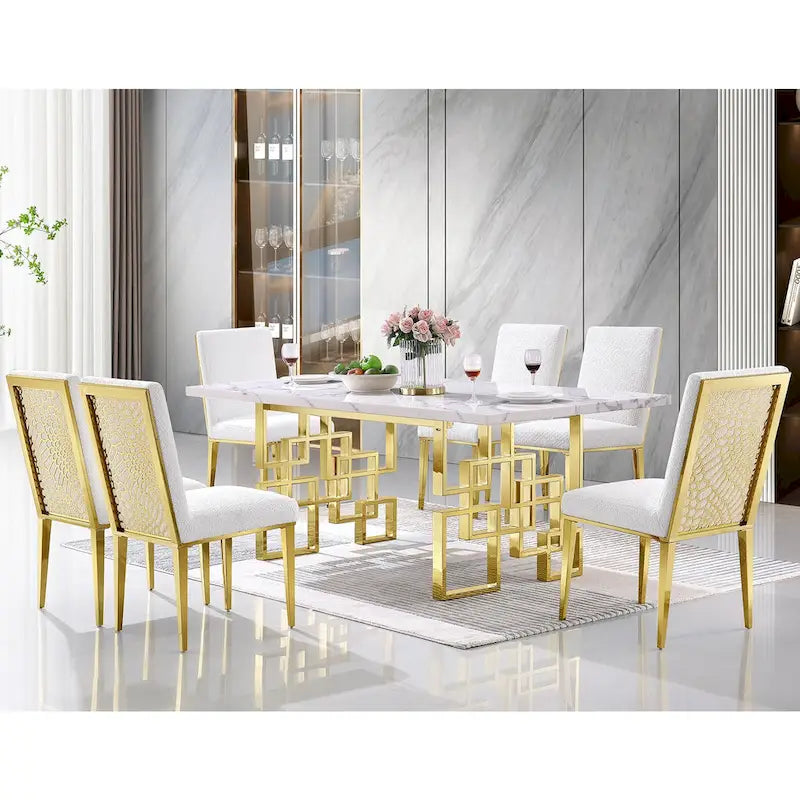 78" Faux Marble Dining Table with Geometric Stainless Steel Base