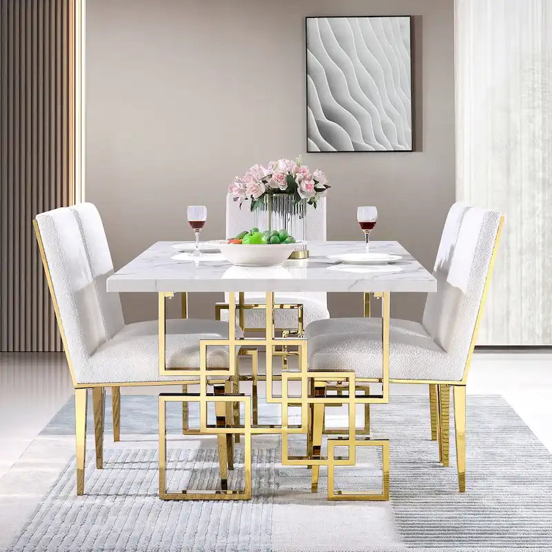 78" Faux Marble Dining Table with Geometric Stainless Steel Base
