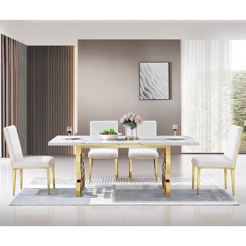 78" Faux Marble Dining Table with Geometric Stainless Steel Base