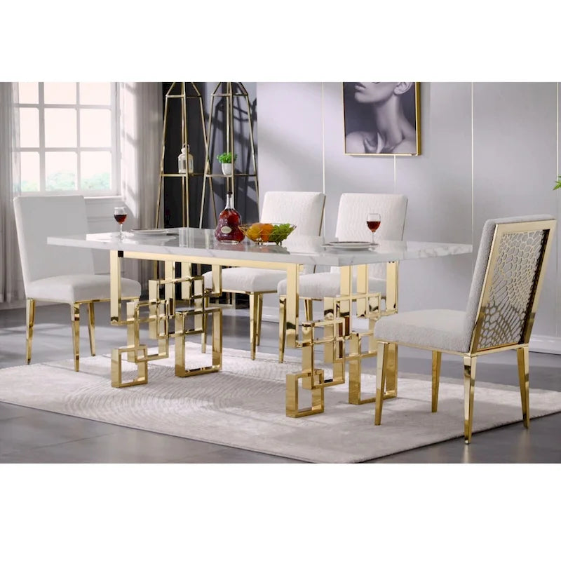 78" Faux Marble Dining Table with Geometric Stainless Steel Base