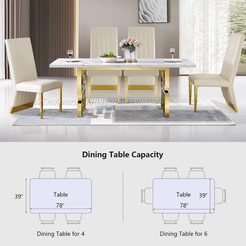 78" Faux Marble Dining Table with Geometric Stainless Steel Base