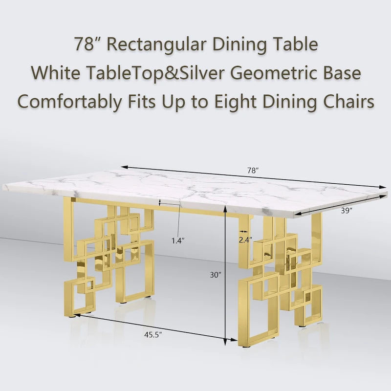 78" Faux Marble Dining Table with Geometric Stainless Steel Base