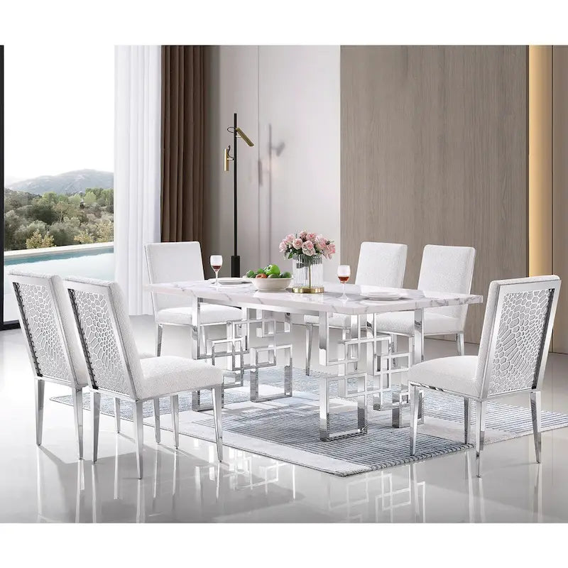 78" Faux Marble Dining Table with Geometric Stainless Steel Base