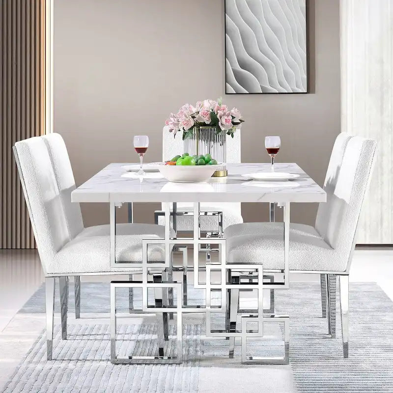 78" Faux Marble Dining Table with Geometric Stainless Steel Base