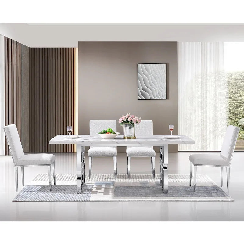 78" Faux Marble Dining Table with Geometric Stainless Steel Base