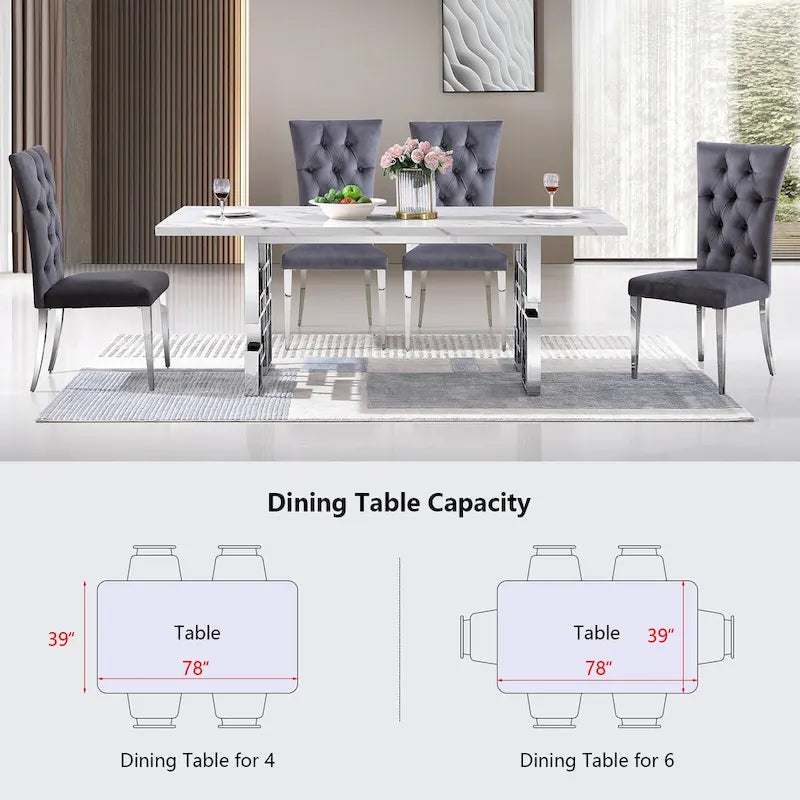 78" Faux Marble Dining Table with Geometric Stainless Steel Base