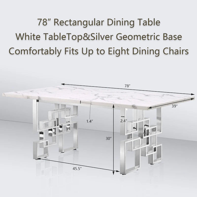 78" Faux Marble Dining Table with Geometric Stainless Steel Base