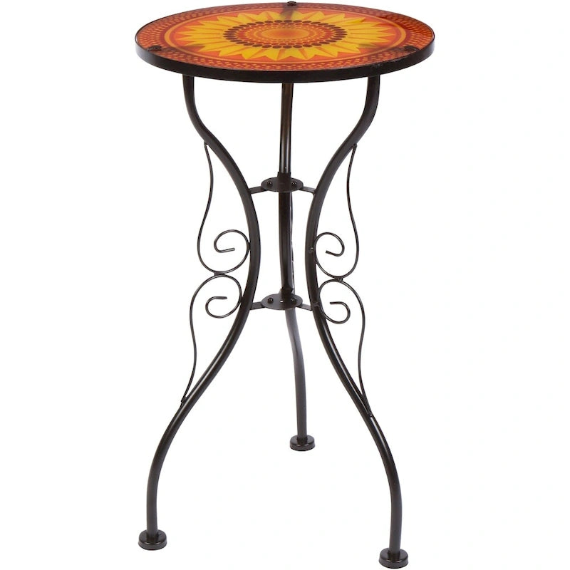 22" Sunflower Design Glass & Metal Side Table