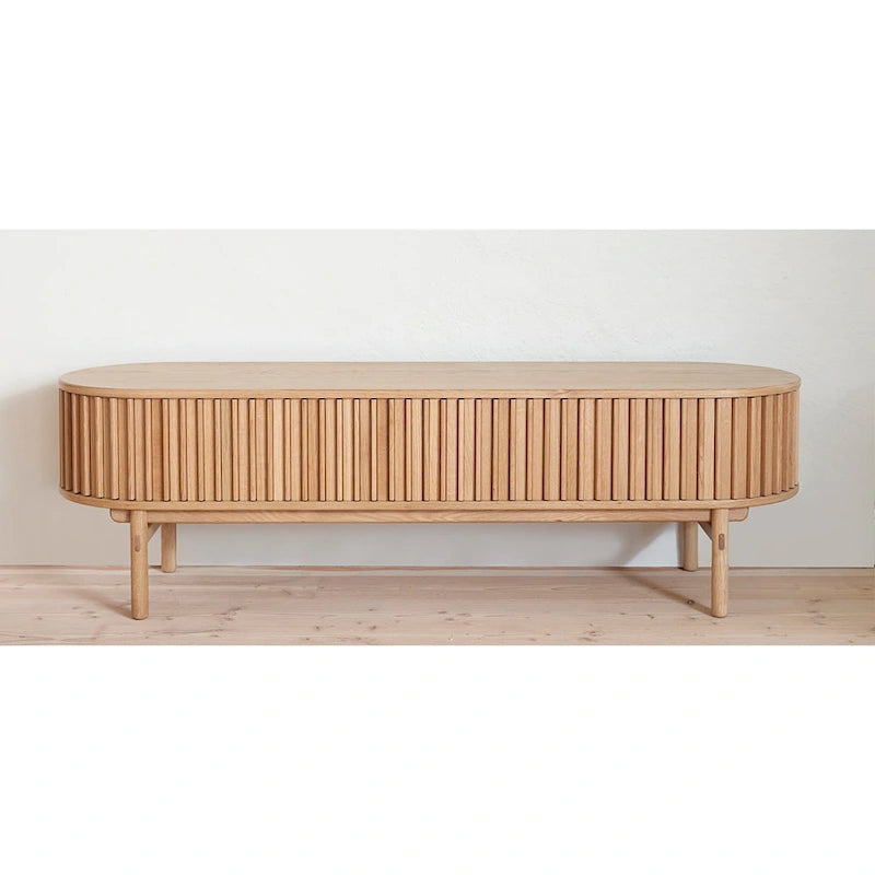 Mid-Century Modern Sliding Door TV Lowboard, 63", Natural