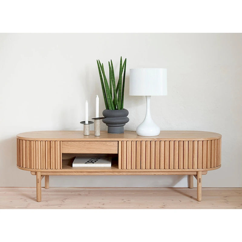 Mid-Century Modern Sliding Door TV Lowboard, 63", Natural