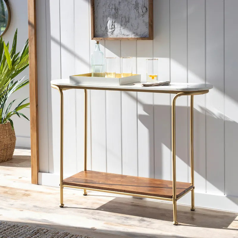 Marble Top Console Table with Gold Metal Frame and Wood Shelf - 30H x 43W x 11D