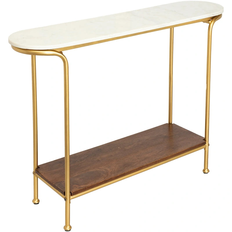 Marble Top Console Table with Gold Metal Frame and Wood Shelf - 30H x 43W x 11D
