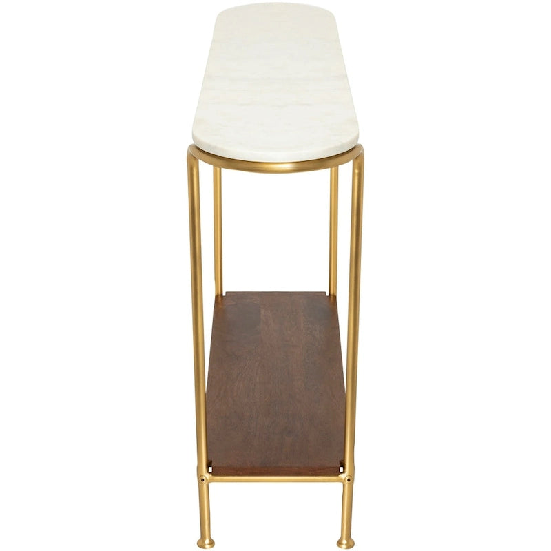 Marble Top Console Table with Gold Metal Frame and Wood Shelf - 30H x 43W x 11D