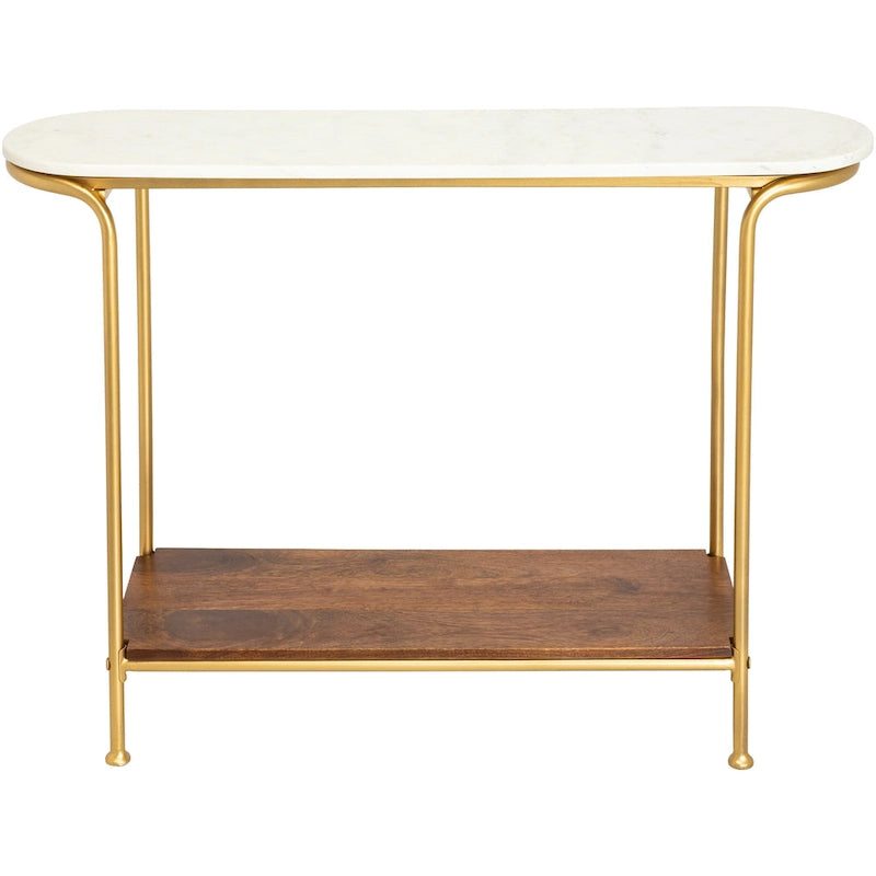 Marble Top Console Table with Gold Metal Frame and Wood Shelf - 30H x 43W x 11D