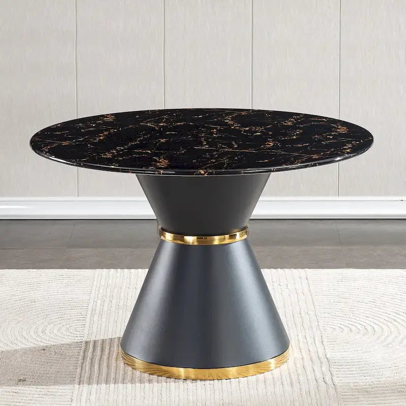 Black Marble-Print MDF Round Dining Table with Gold Accent Base