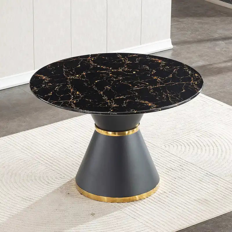 Black Marble-Print MDF Round Dining Table with Gold Accent Base