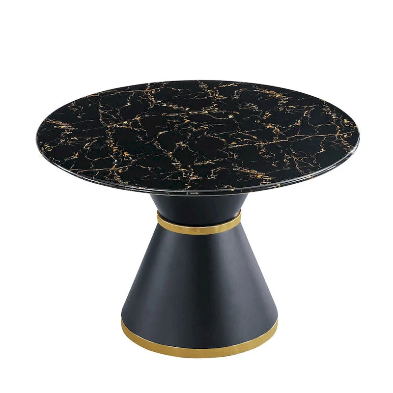 Black Marble-Print MDF Round Dining Table with Gold Accent Base
