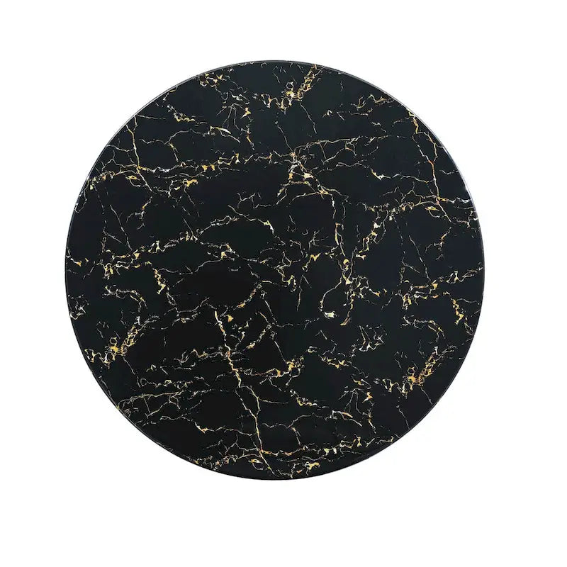 Black Marble-Print MDF Round Dining Table with Gold Accent Base