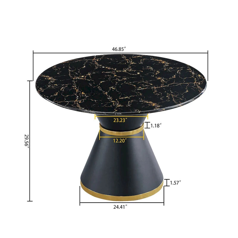Black Marble-Print MDF Round Dining Table with Gold Accent Base