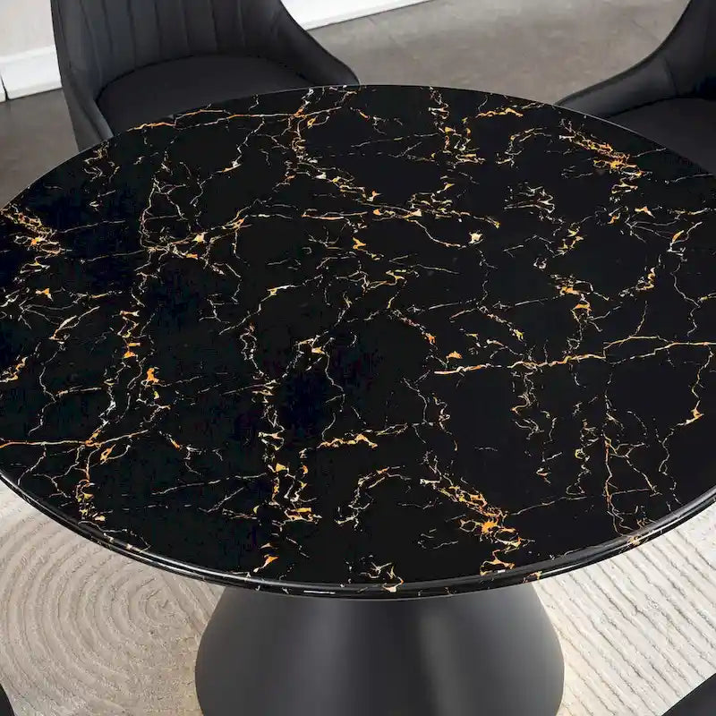 Black Marble-Print MDF Round Dining Table with Gold Accent Base