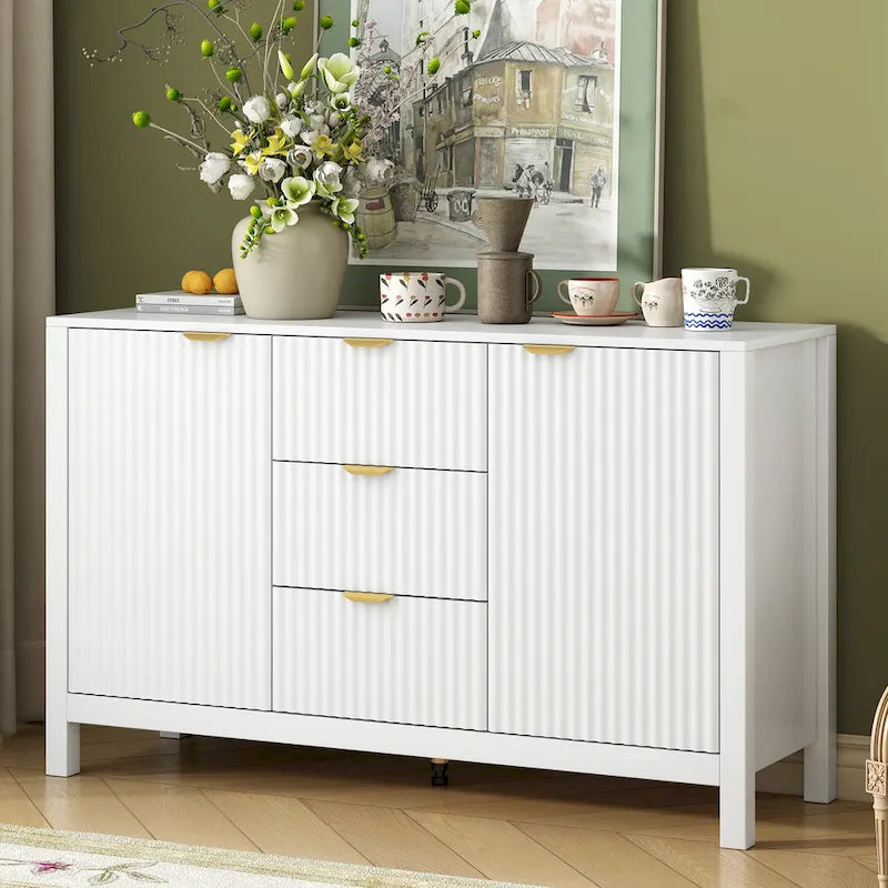 Wave-Design Entryway Console Cabinet with 3 Drawers, 2 Doors & Adjustable Shelves