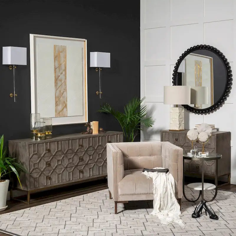 Gray Fir Veneer 9-Drawer Sideboard with Gold Metal Frame