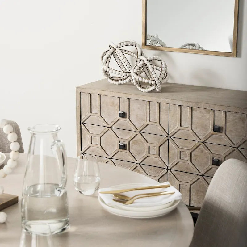 Gray Fir Veneer 9-Drawer Sideboard with Gold Metal Frame