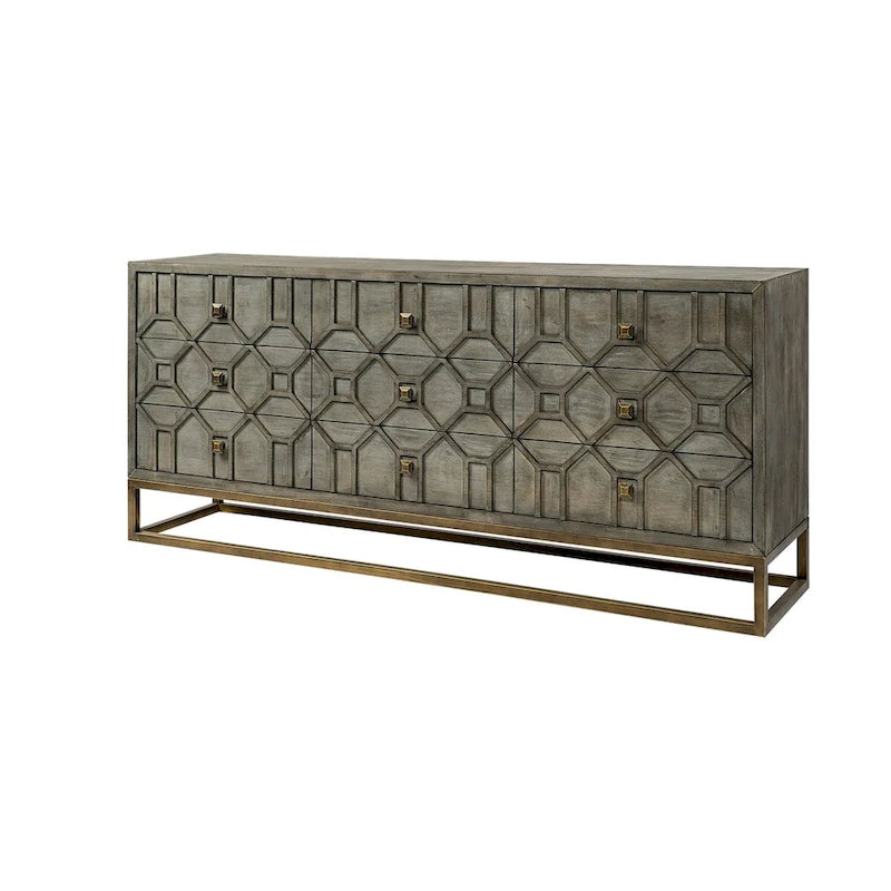 Gray Fir Veneer 9-Drawer Sideboard with Gold Metal Frame